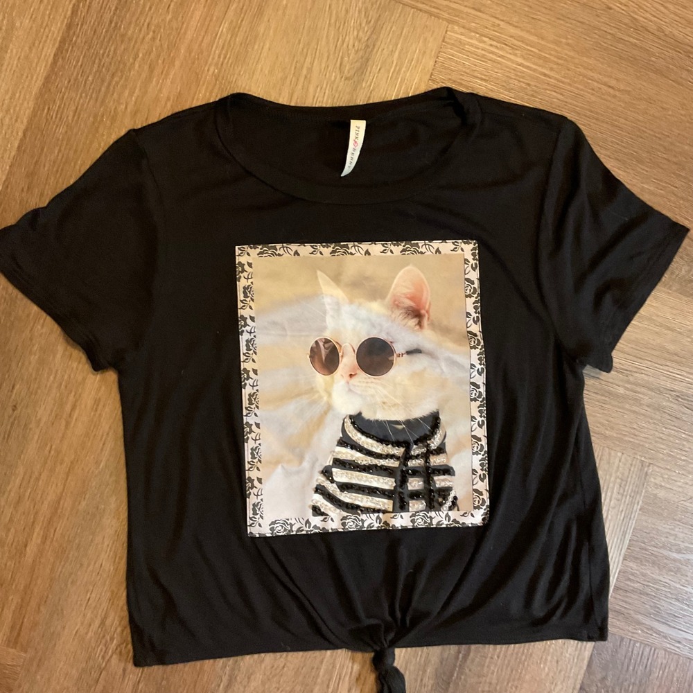 Pink Berry Womens Cat‎ Graphic T Shirt Black Small Y2K Coquette Kawaii Paris